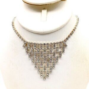 Vintage Crystal Bib Choker, Silver Tone with Clear Prong Set Rhinestones, Maximu